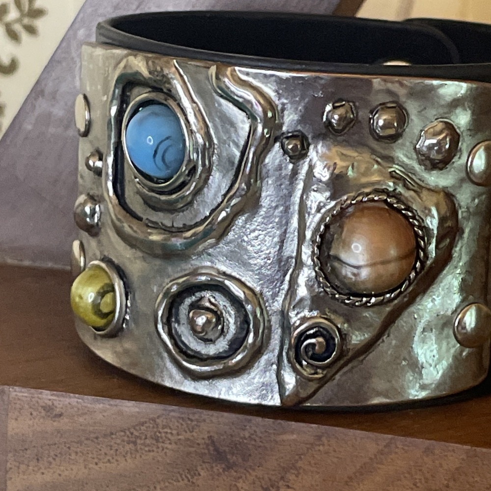 Bohemian Style Artisan Cuff Bracelet Silver Toned Metal Black Band Cabochon Ston